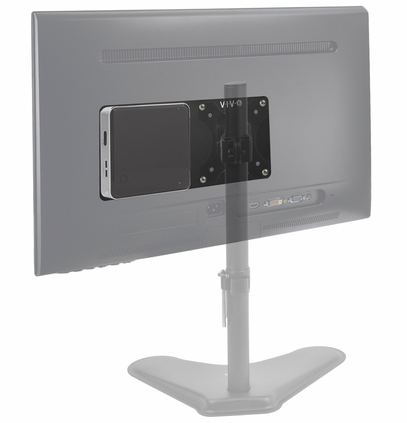 VESA bracket plate on a monitor mount pole.