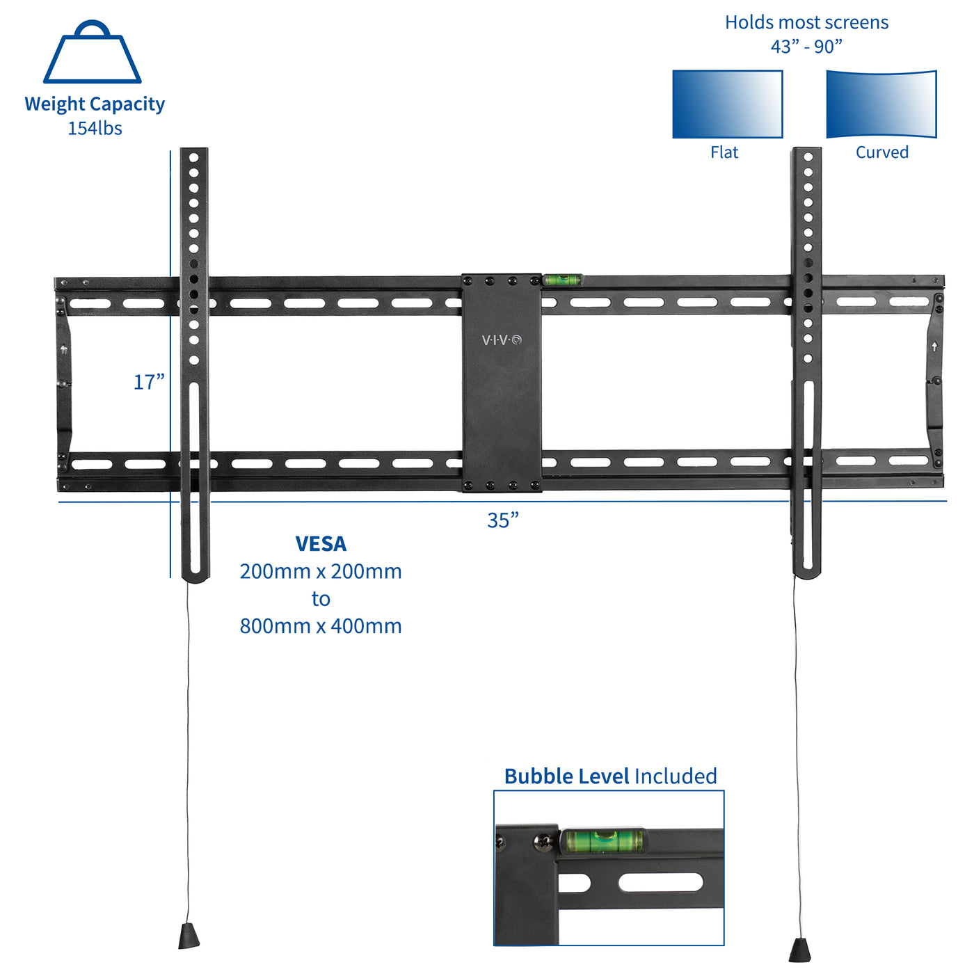 Make sure your TV mount is level with the bubble level included on the frame to ensure levelness.