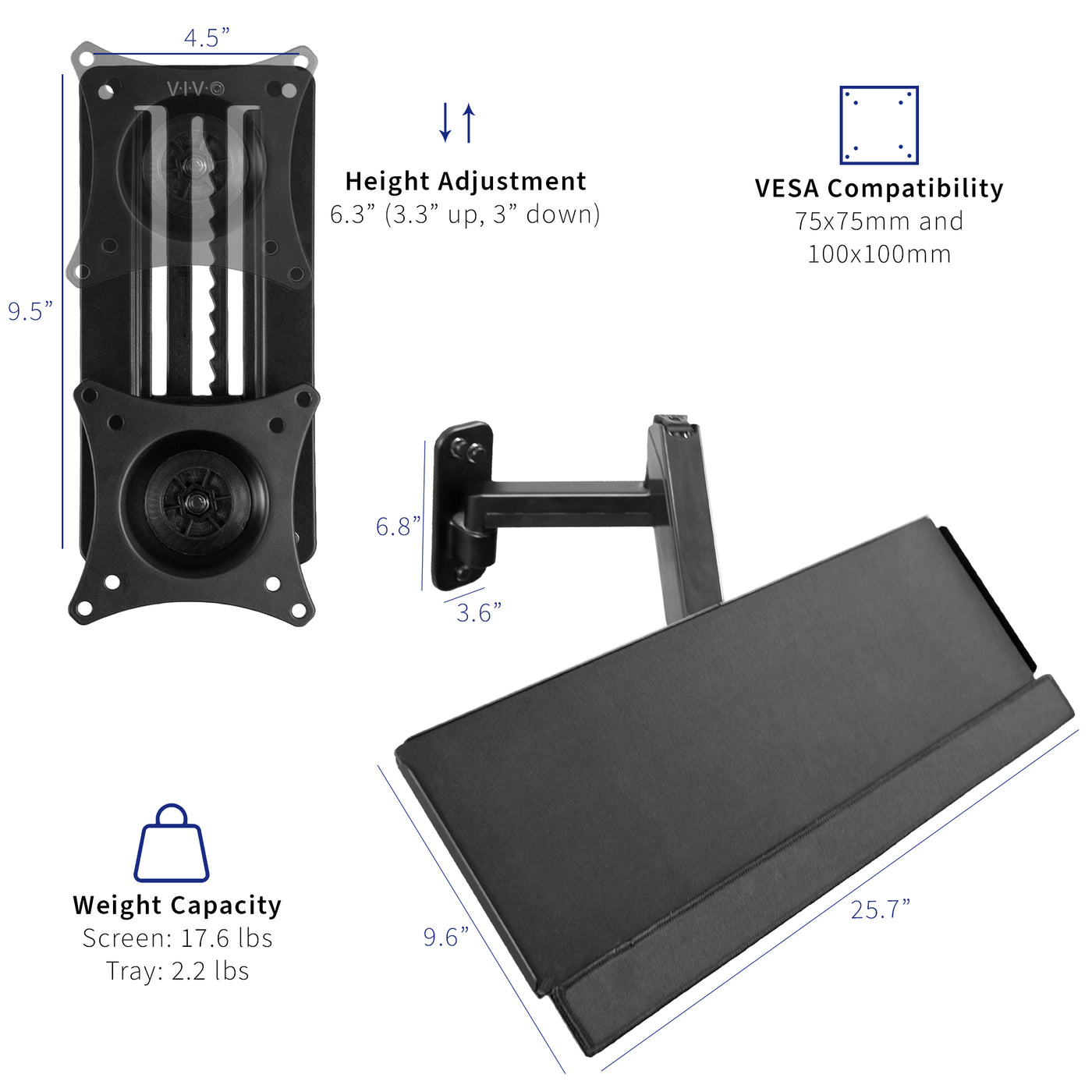 Standard VESA compatibility is provided with the monitor wall mount and dimensions of the keyboard tray.