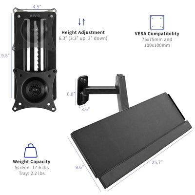 Standard VESA compatibility is provided with the monitor wall mount and dimensions of the keyboard tray.