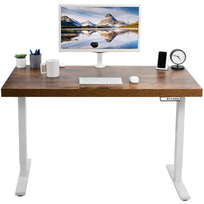  Electric Height Adjustable 51 x 25 inch Stand Up Desk, Complete Active Standing Workstation with Vintage Brown / Rustic Solid One-Piece Faux 2.3 Inch Thick Table Top