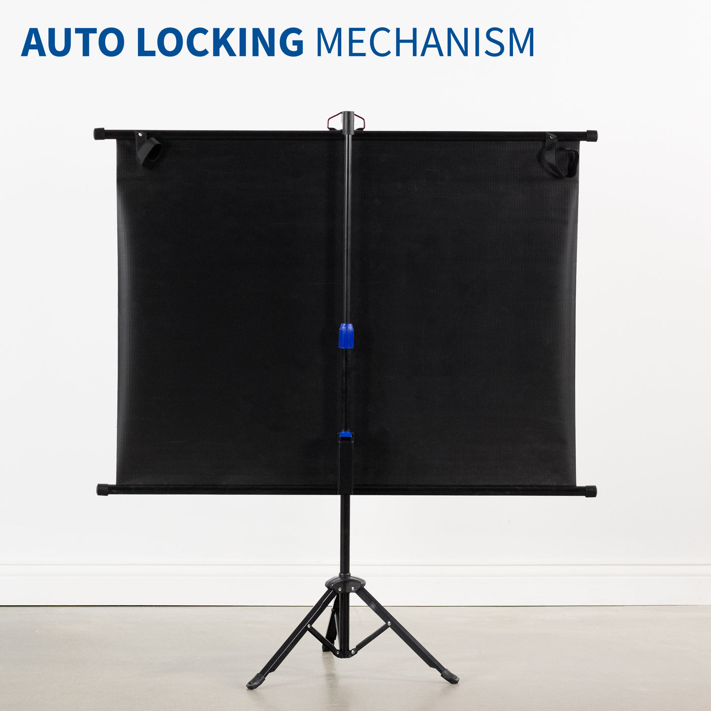 Built in mechanic of a tripod projector screen with a locking mechanism for a secure setup.