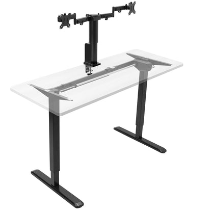 Black adjustable desk frame with a dual monitor mount.