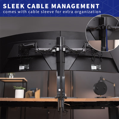 Sleek cable management is provided through the arms and back center pole of the electric dual monitor mount.