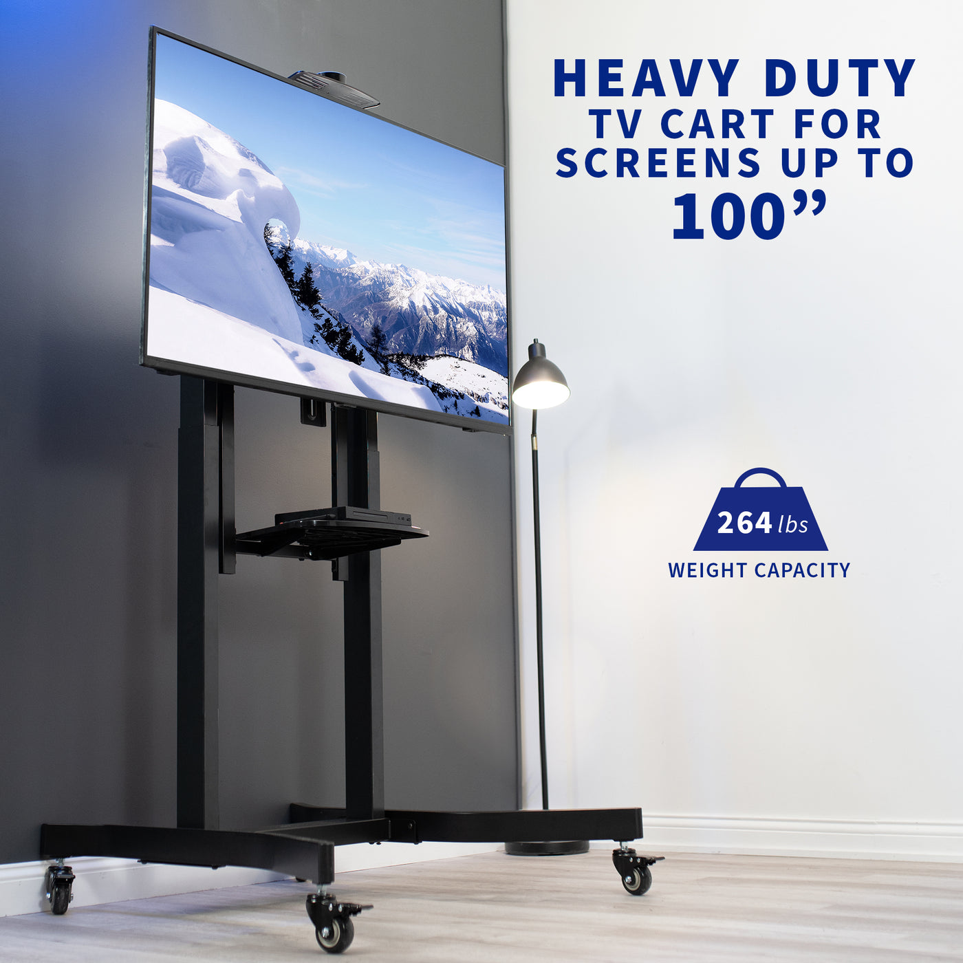 Heavy duty TV cart for up to 100-inch screens.