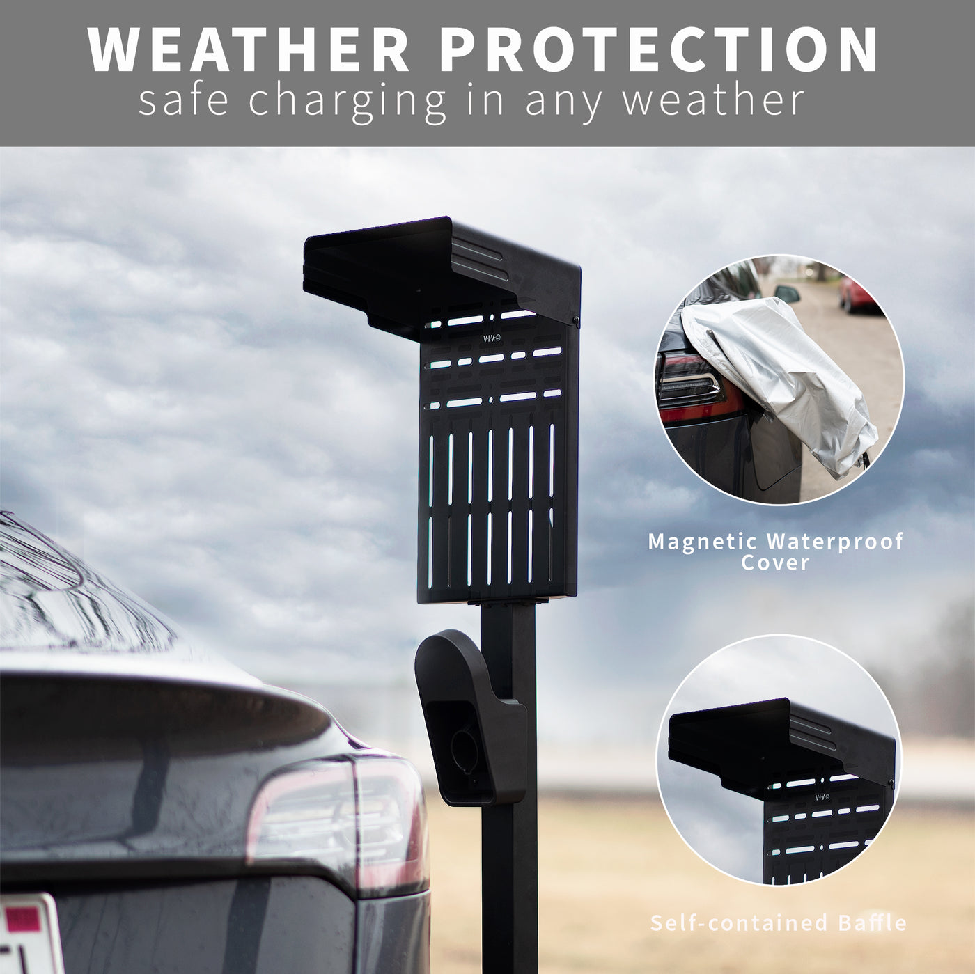 Safely charge your EV with a magnetic cover protecting charge in any weather conditions.