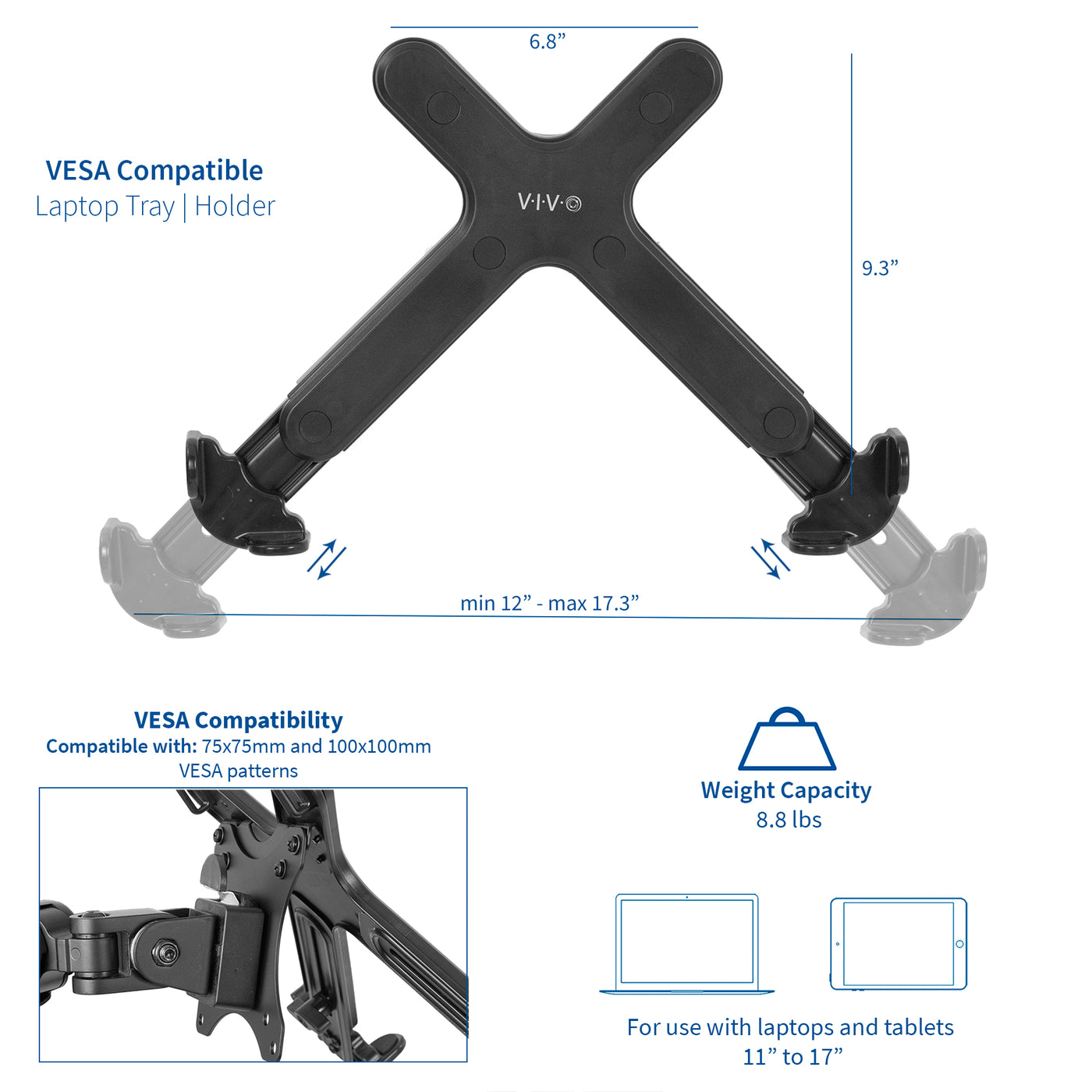 Heavy-duty VESA compatible laptop holder for tablets and laptops.