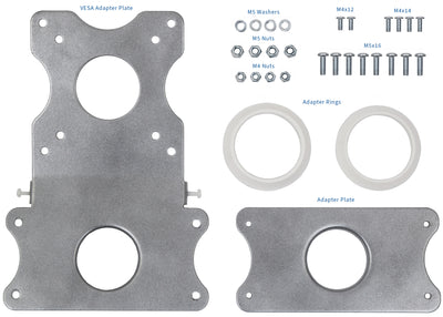 Included mounting hardware including nuts, bolts, adapter rings, adapter plate, and VESA adapter plate.