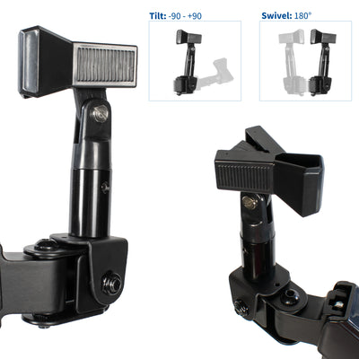 Microphone mount with tilt and swivel articulation to place your mic where you want.