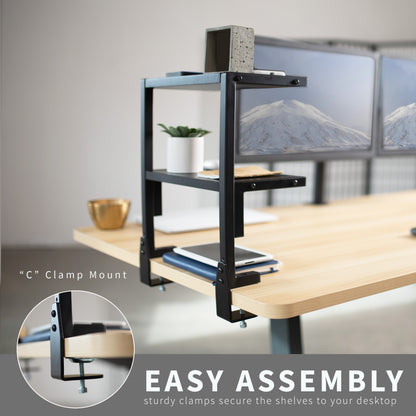 Sleek above desk or below desk clamp-on shelf with two shelves for convenient storage and organization. Lower shelf height adjusts and is removable.