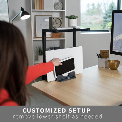Completely customize your desk space with this dual-tier desk shelf that also has a removable shelf panel.