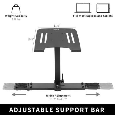 Adjustable support bar of a laptop or tablet treadmill workstation.