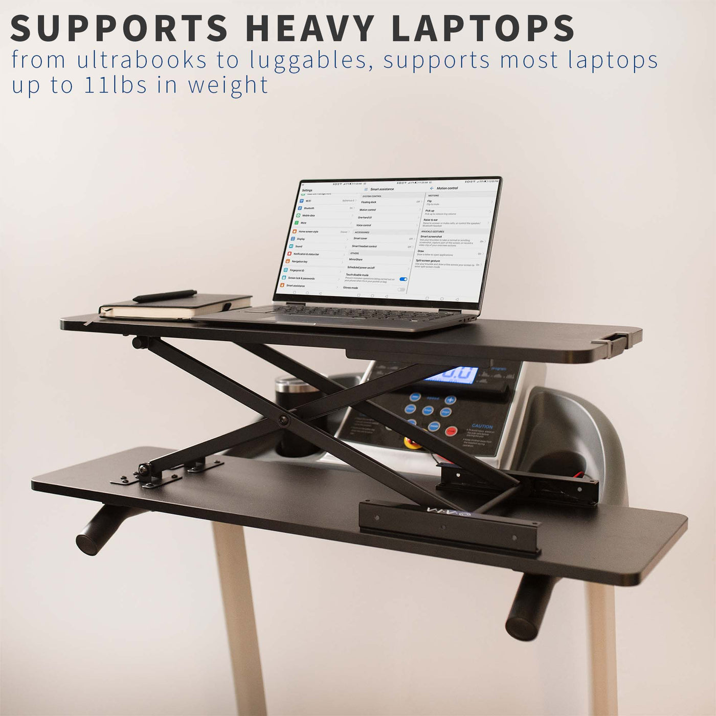 Heavy duty laptop treadmill tray providing maximum support for your laptop or other device.