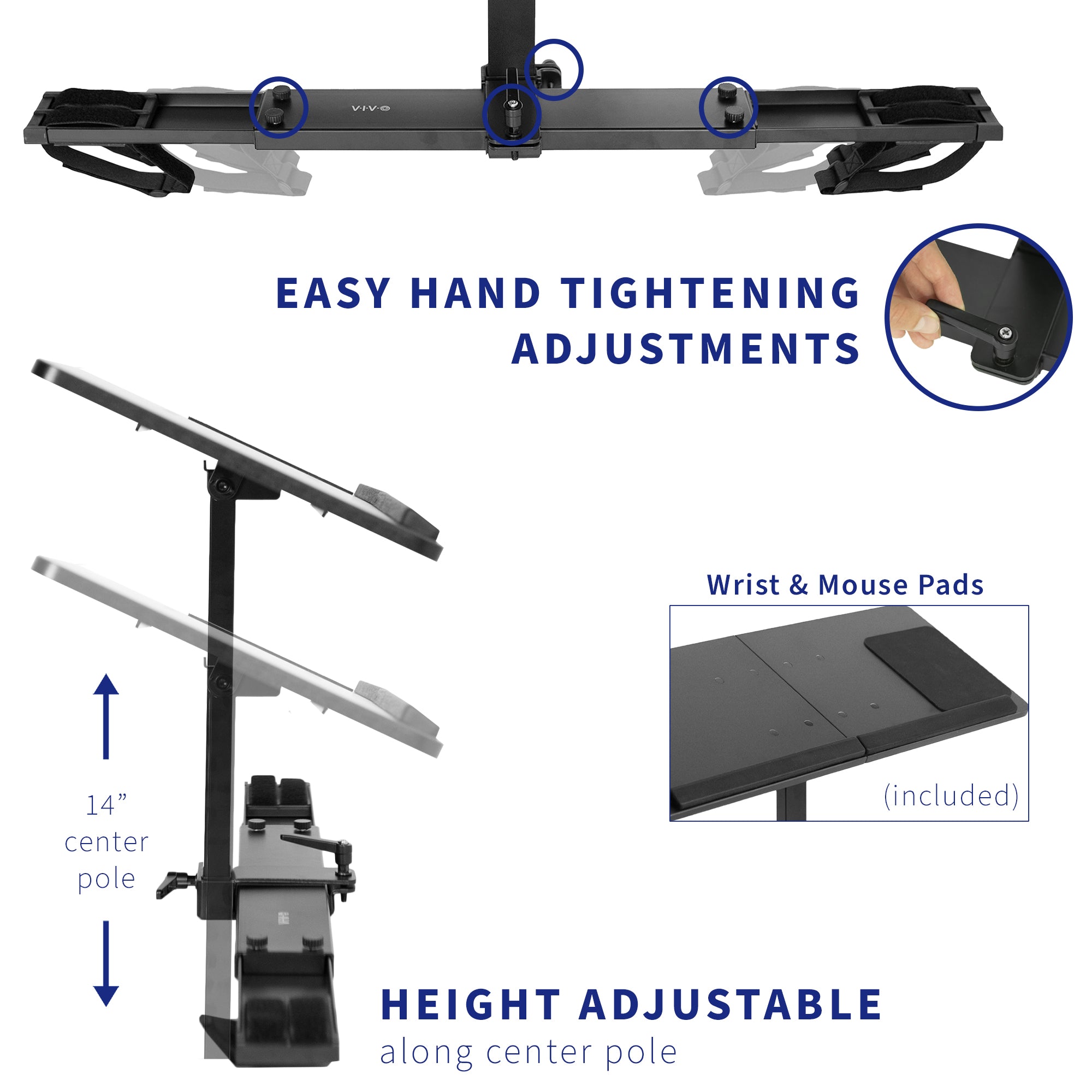 Sturdy easy adjust laptop desk for treadmill home office workstation with wrist and mouse pads included.