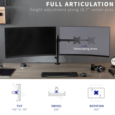 Sturdy articulating telescoping arms for dual computer monitors.