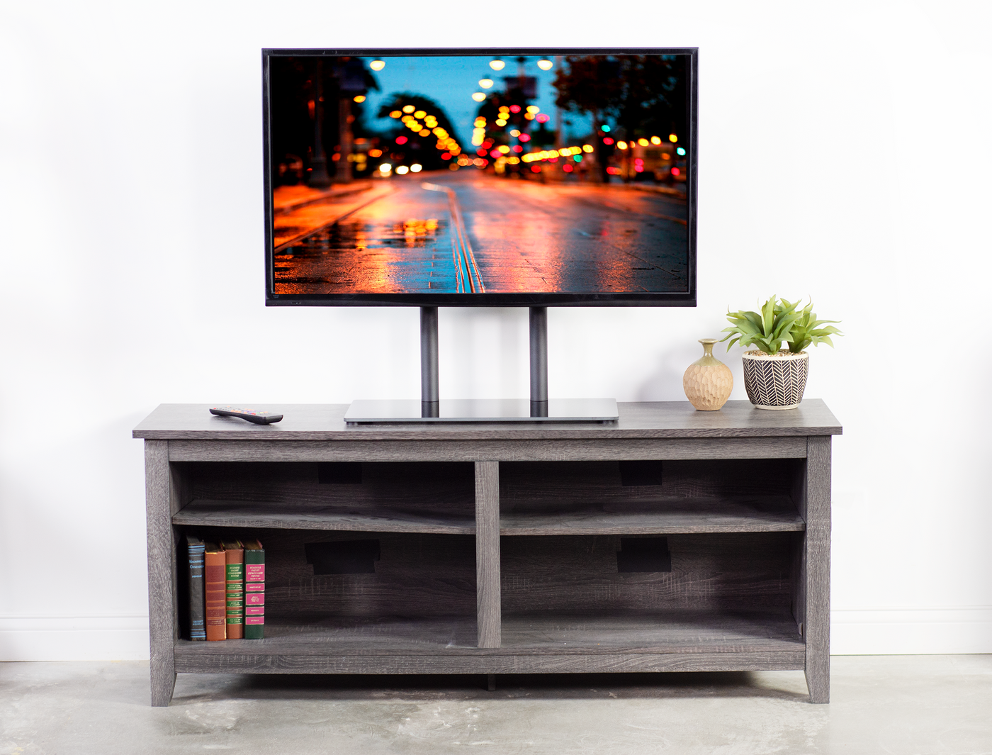 Heavy-duty tabletop TV stand.