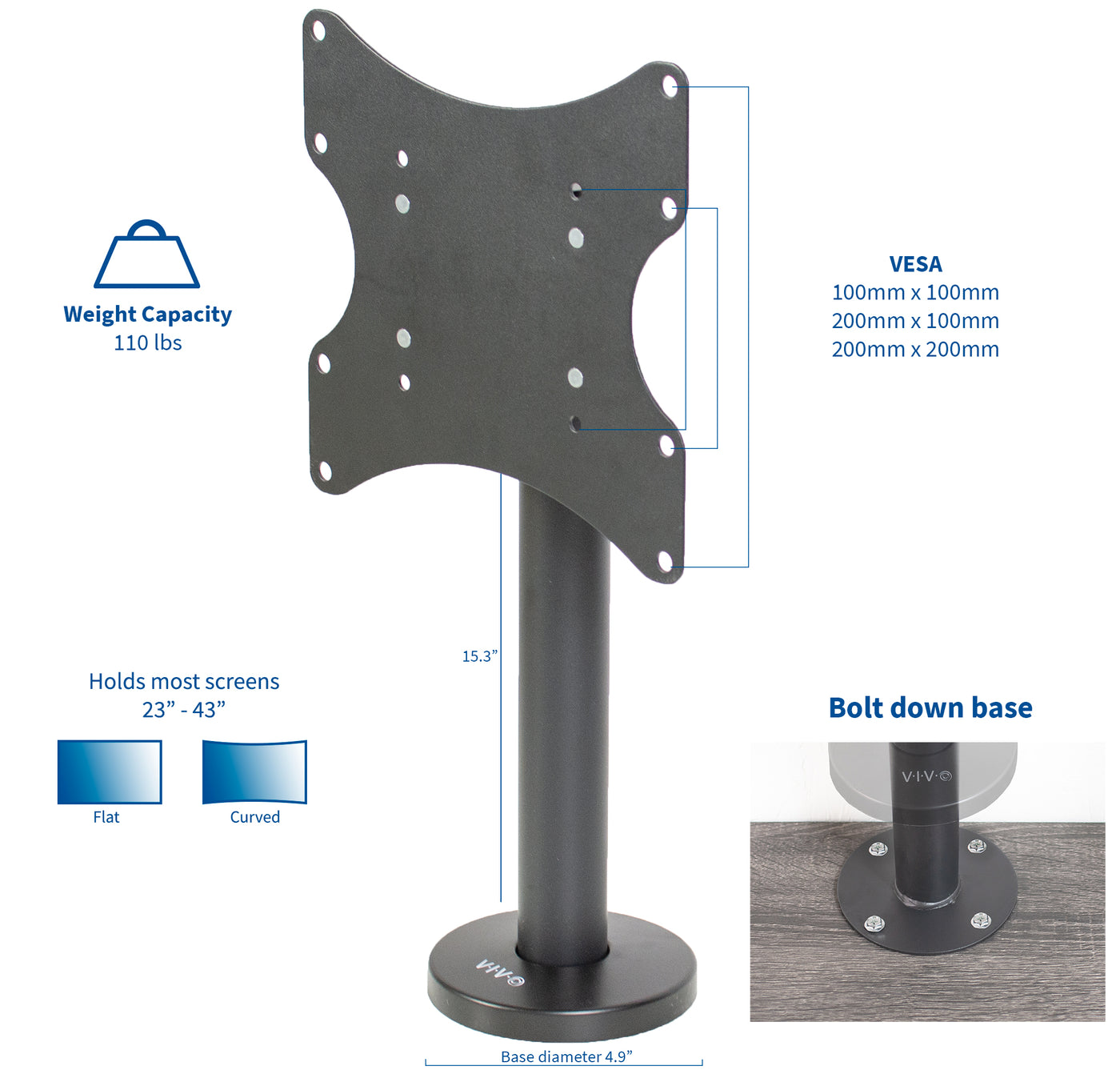 Low profile bolt-down TV mount for a minimalistic look with maximum support and elevation.