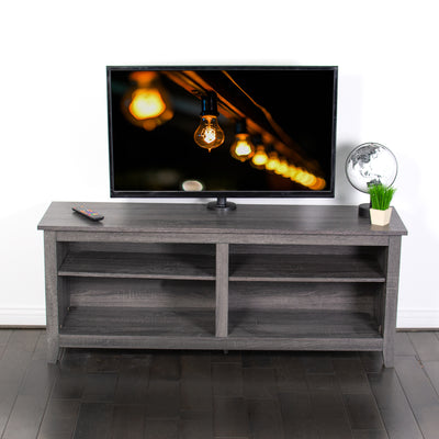 Bolt down TV mount that is mounted to a Tv stand shelf in a home living space.