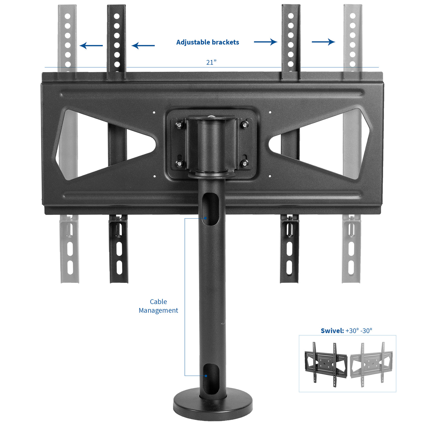 Sturdy bolt-down TV mount with adjustable brackets and swivel.
