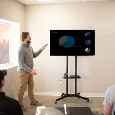 A man using a modern black rolling TV cart while explaining a graph.