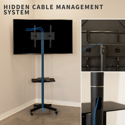 Sturdy mobile height adjustable TV cart with utility shelf and hidden cable management.