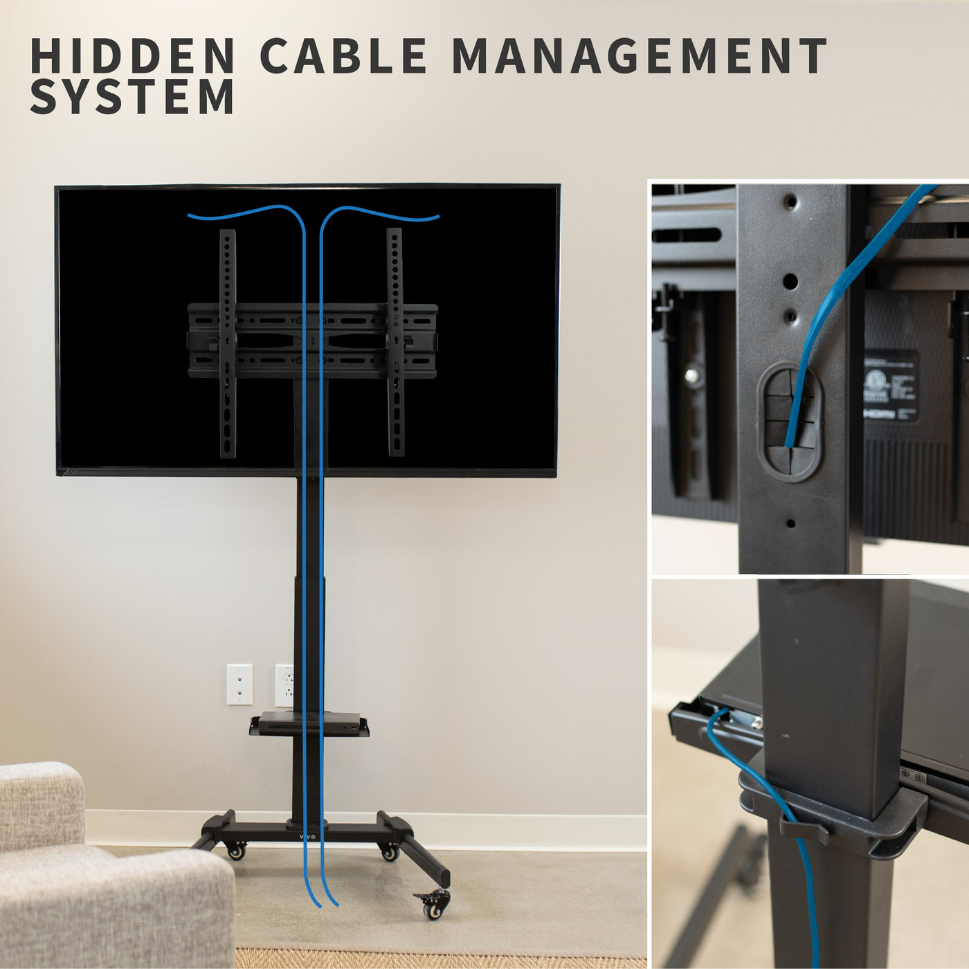Sturdy mobile height adjustable TV cart with hidden cable management.