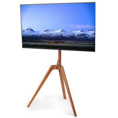Solid wood TV floor stand with swivel and height adjust.
