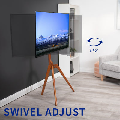 Solid wood TV floor stand with swivel and height adjust.