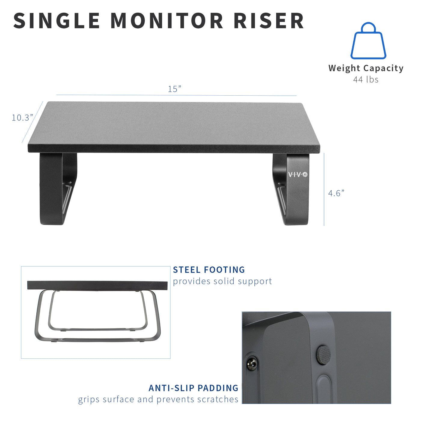 Sturdy tabletop riser for laptop or monitor for comfortable viewing.