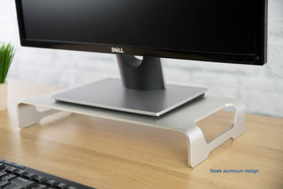 Monitor riser with incorporated storage space underneath for any desk items, like laptops, keyboards, books, phones, and more.