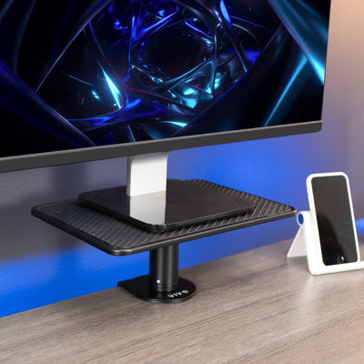 Secure clamp-on desk mount riser for laptop or monitor that provides ergonomic viewing and reduces strain.