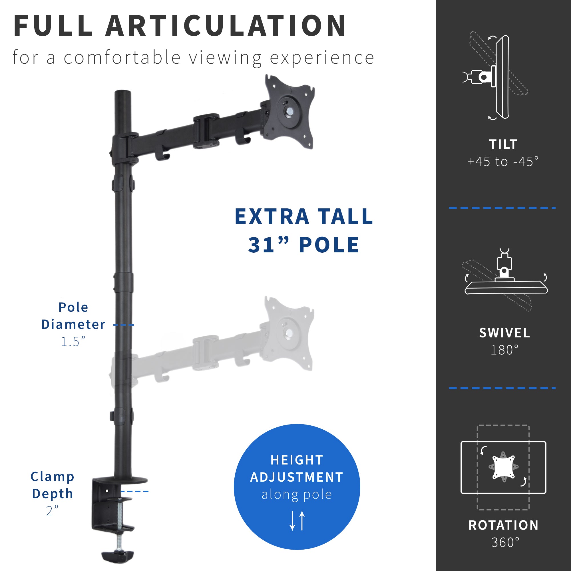 Extra tall sturdy adjustable single monitor ergonomic desk mount for office workstation.