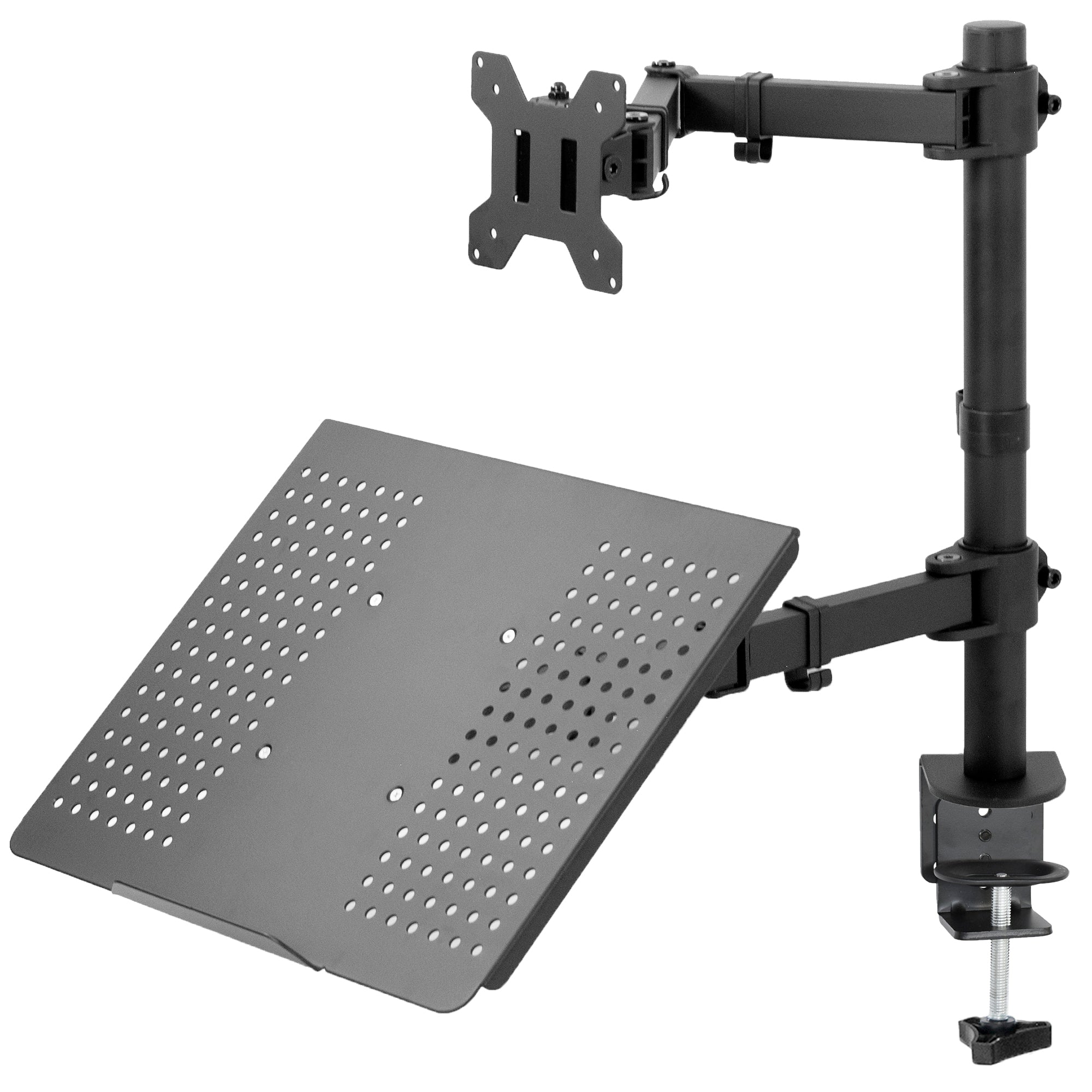 Fully adjustable single computer monitor and laptop desk mount allows you to display your laptop beneath your monitor screen for ergonomic placement.