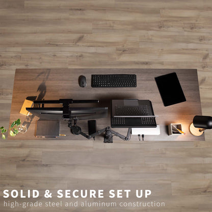 Fully adjustable single computer monitor and laptop desk mount allows you to display your laptop beneath your monitor screen for ergonomic placement.