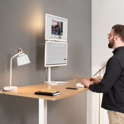 Sturdy dual monitor desk stand for stacked array.