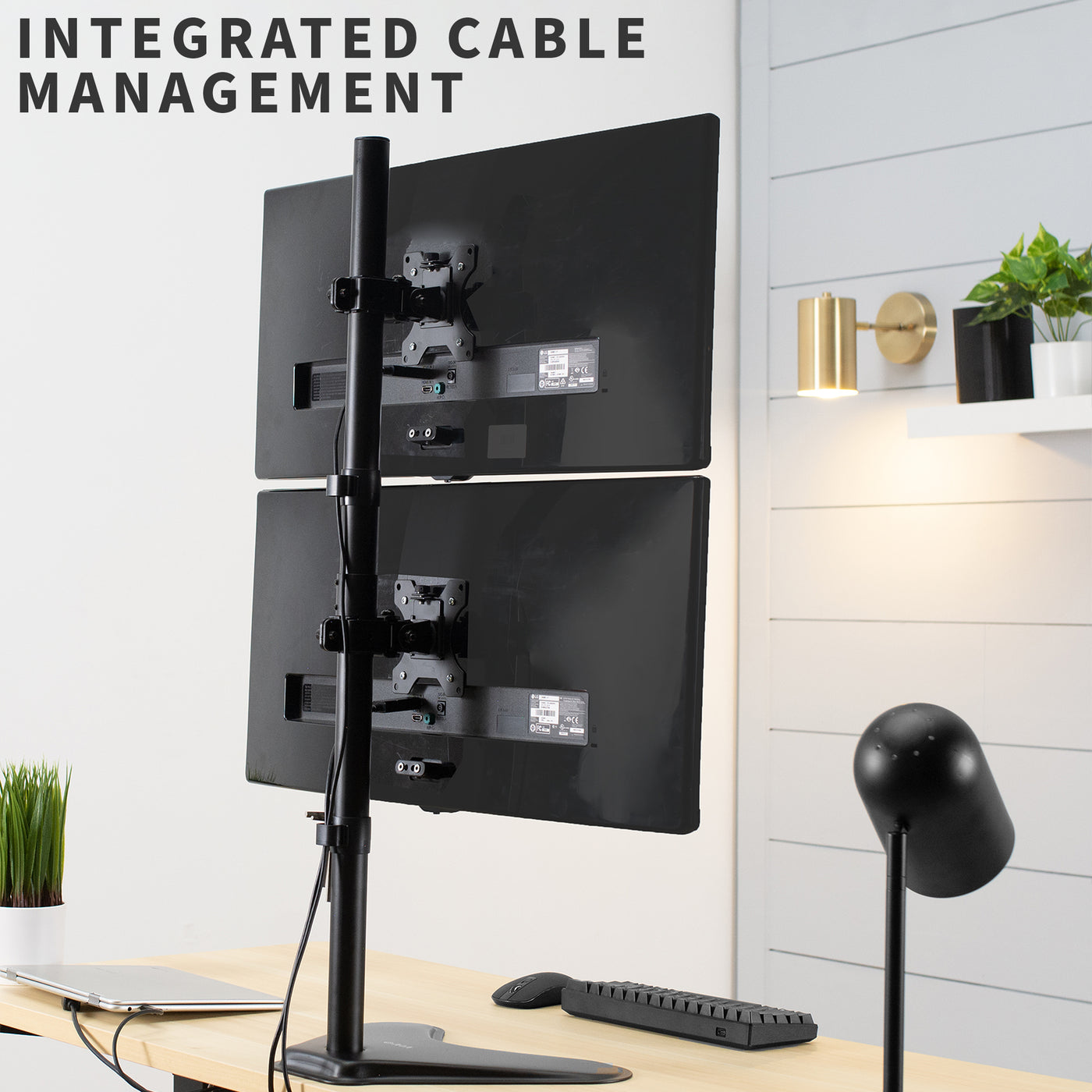 Sturdy dual monitor desk stand for stacked array with integrated cable management.