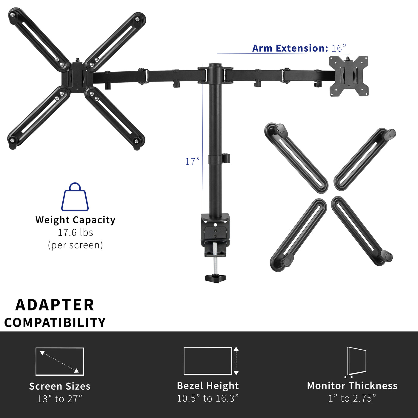 Dual monitor desk mount with VESA Adapter bracket designed for monitors lacking VESA compatibility.