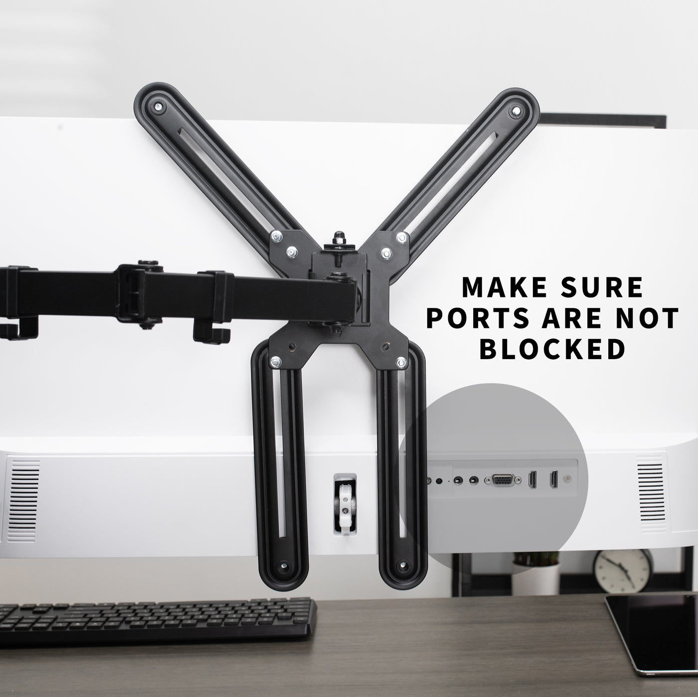 Dual monitor desk mount with VESA Adapter bracket designed for monitors lacking VESA compatibility.