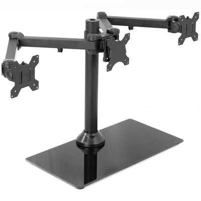 Sturdy height adjustable triple monitor desk stand.