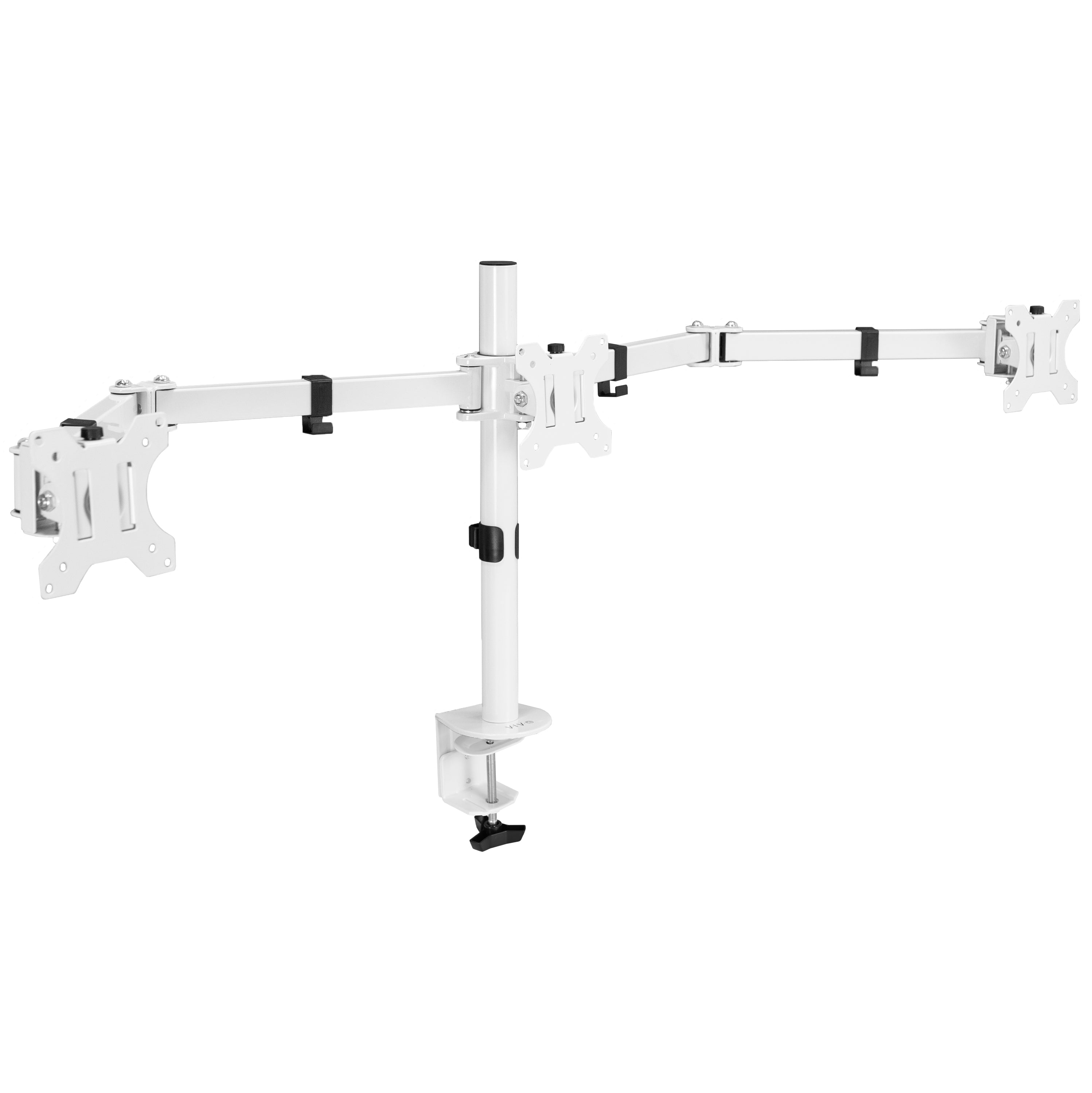 Sturdy height adjustable triple monitor desk mount.