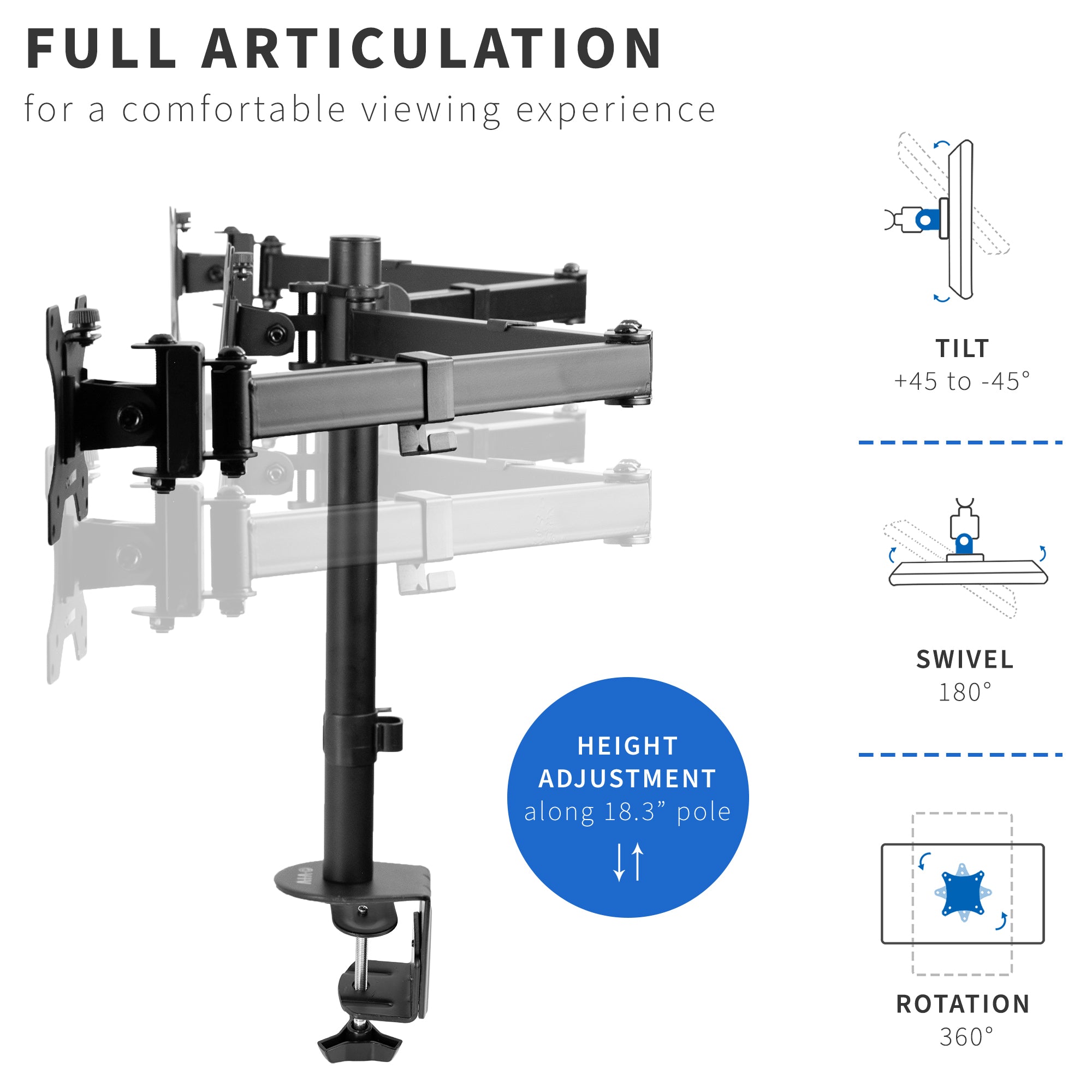 Sturdy height adjustable triple monitor desk mount.