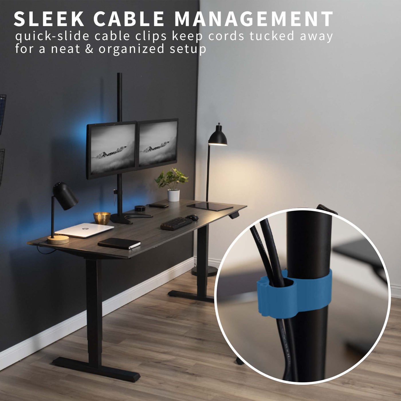 Extra tall sturdy adjustable dual monitor ergonomic desk stand for office workstation with sleek cable management.