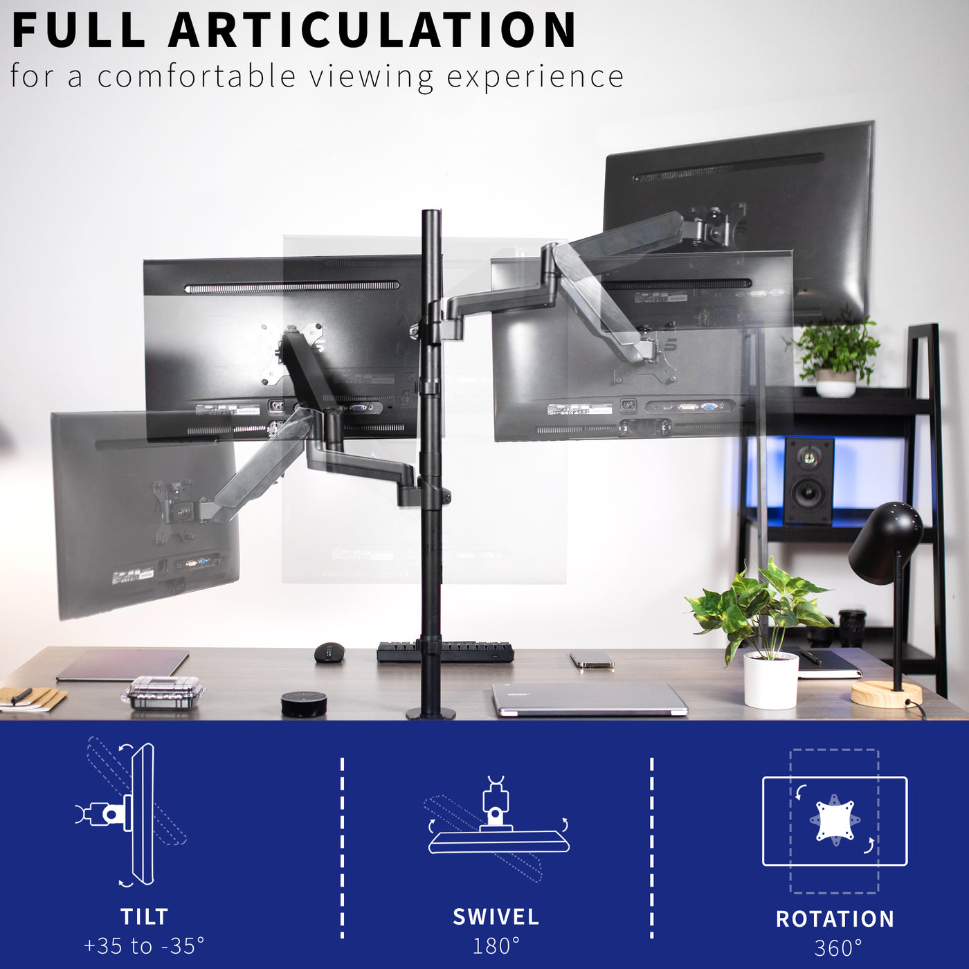 Articulating pneumatic arm dual monitor extra tall desk mount.