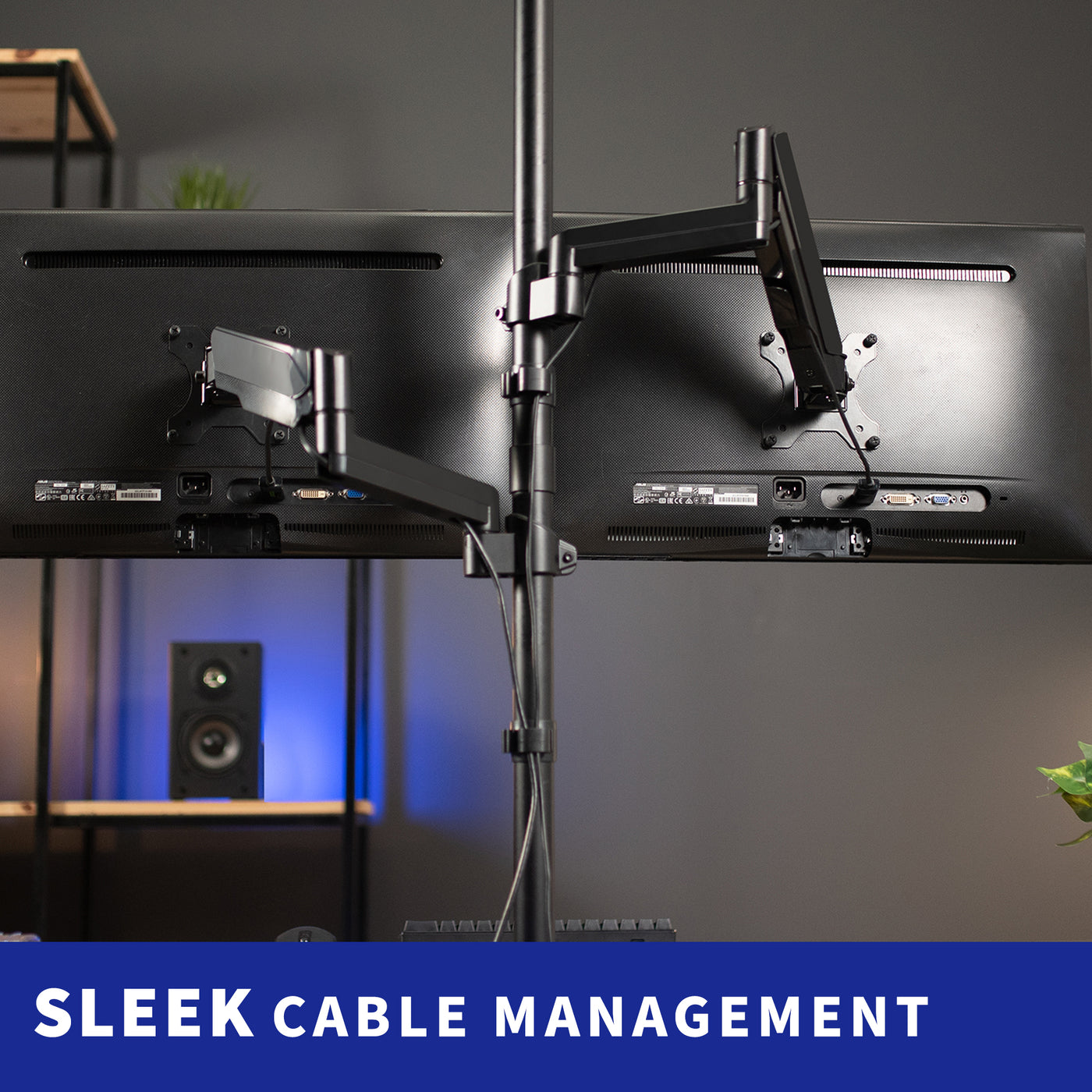 Sturdy pneumatic arm dual monitor extra tall desk mount with cable management.