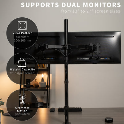 Sturdy dual monitor extra tall desk mount with VESA pattern.
