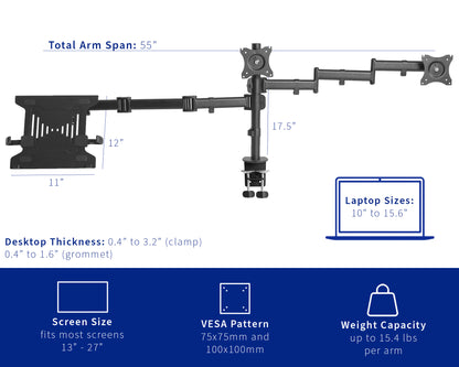 Dual Monitor + Single Laptop Desk Mount - Up to 27" Screens, 15.6" Laptops