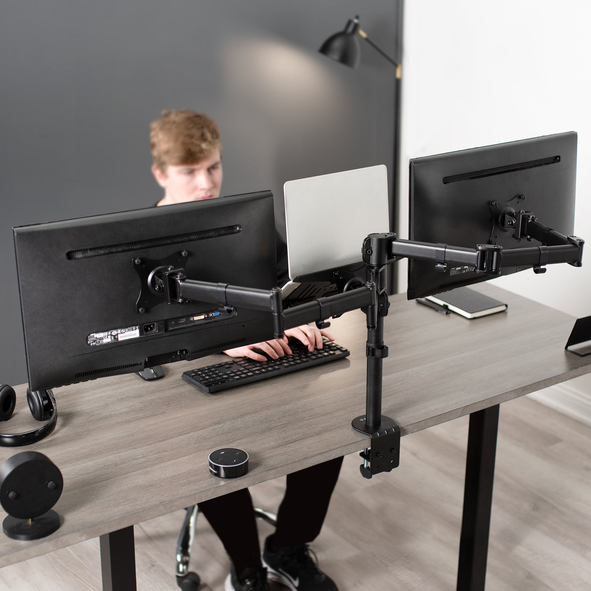 Dual Monitor + Single Laptop Desk Mount - Up to 27" Screens, 15.6" Laptops