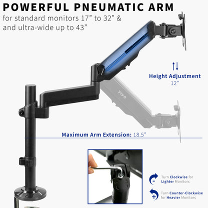 Sturdy adjustable pneumatic arm single monitor ergonomic desk mount for office workstation.