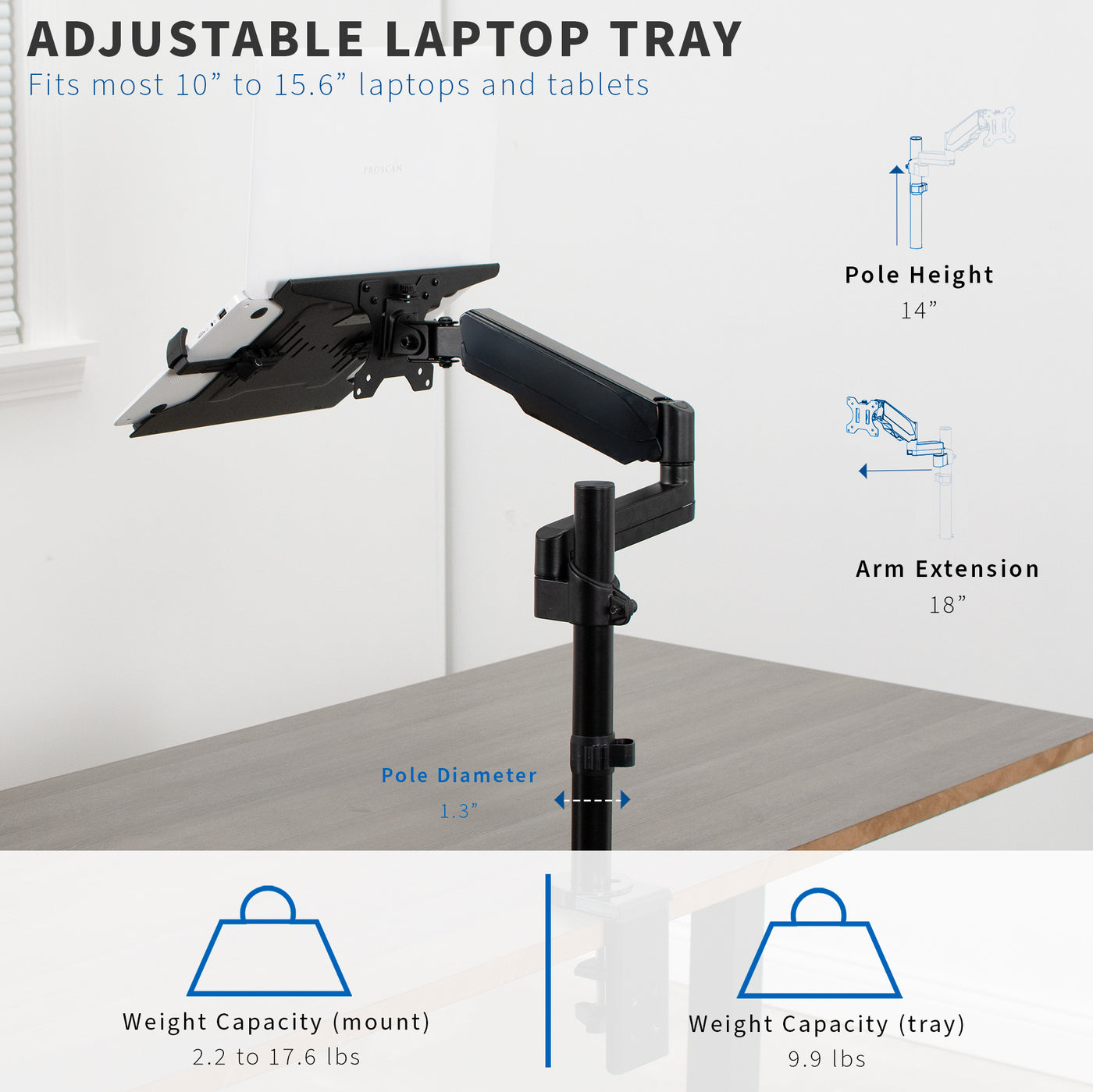 Pneumatic Arm Single Laptop Desk Mount with Adjustable Tray