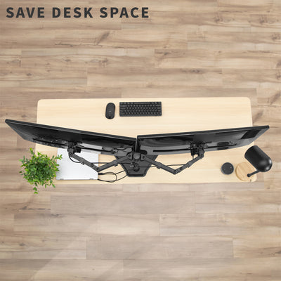 Space saving adjustable dual monitor ergonomic desk mount for office workstation.